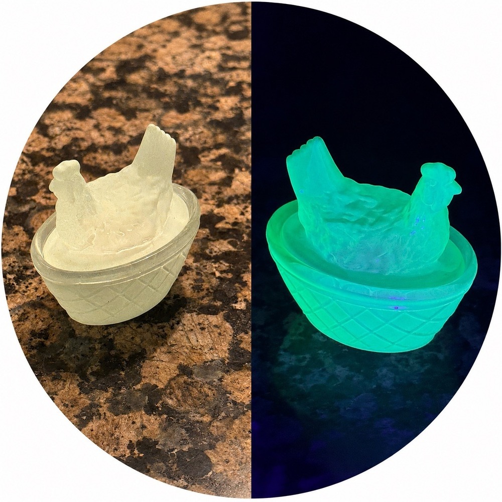 Uranium Glass Hen on Nest Salt Cellar Frosted Green Glow UV Light